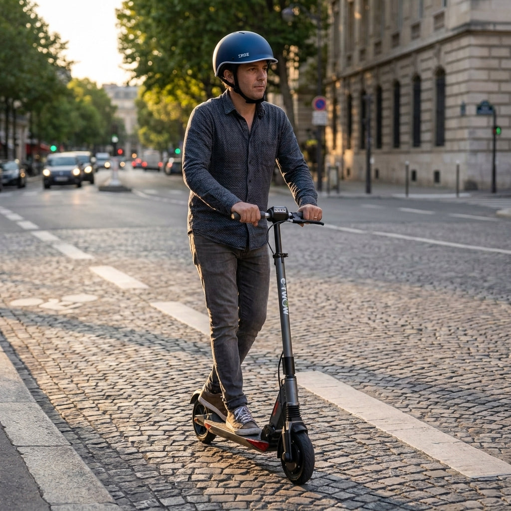 Trottinette Électrique Occasion Etwow GTS : Reconditionnée — en action sur une piste cyclable urbaine