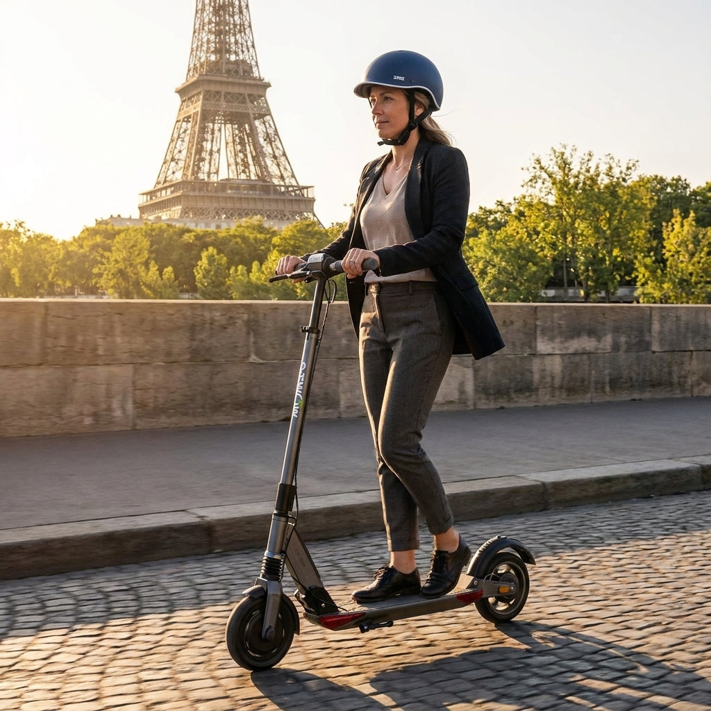 Trottinette Électrique Occasion Etwow GTS : Reconditionnée — sur les quais de Seine, Tour Eiffel en arrière-plan
