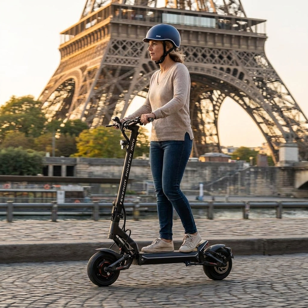 Trottinette Électrique Occasion Teverun Fighter Mini Pro V6 2026 — sur les quais de Seine, Tour Eiffel en arrière-plan