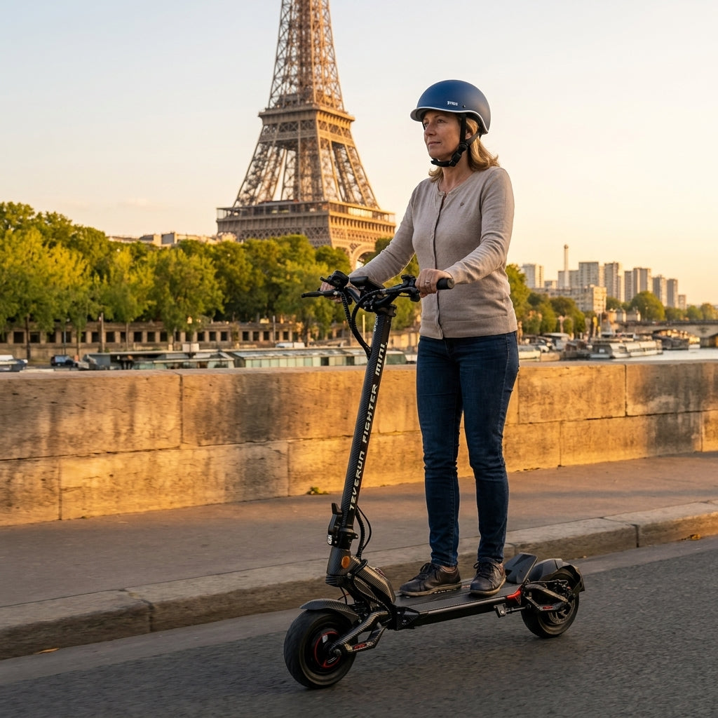 Trottinette Électrique Occasion Teverun Fighter Mini V6 — sur les quais de Seine, Tour Eiffel en arrière-plan
