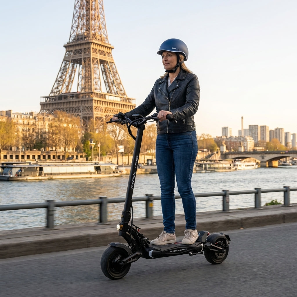 Trottinette Électrique Occasion Teverun Space : Reconditionnée — sur les quais de Seine, Tour Eiffel en arrière-plan