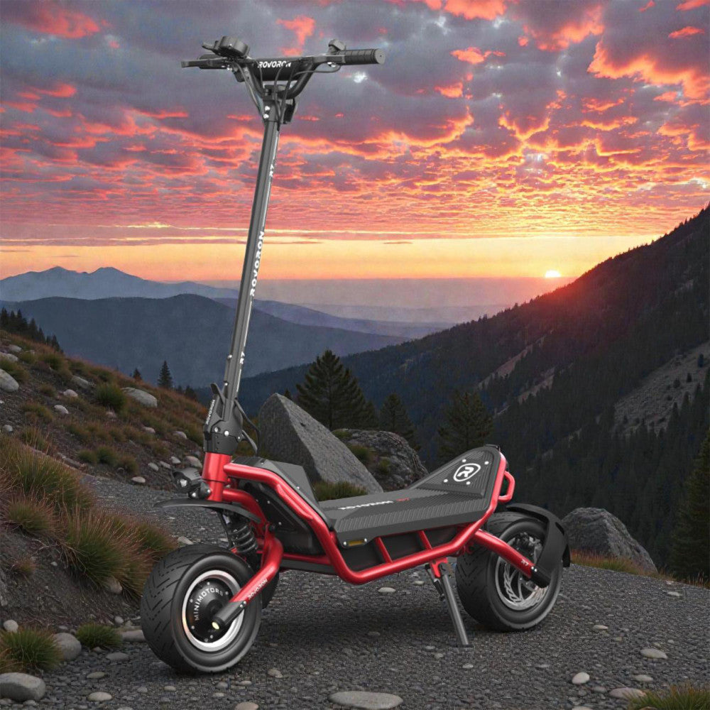 Trottinette Électrique Rovoron R7 rouge sur un chemin de montagne - Weebot