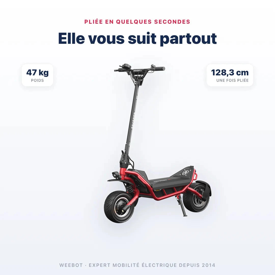 Trottinette Électrique Rovoron R7 rouge pliée — 128,3 cm, 47 kg. Weebot.