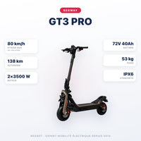 Trottinette Électrique Segway GT3 Pro — caractéristiques : 80 km/h sur voie privée, autonomie 138 km, moteur 2×3500 W, batterie 72V 40Ah, 53 kg. Trottinette électrique Segway chez Weebot.