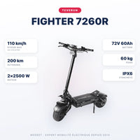Trottinette Électrique Teverun 7260R V5 2026 — caractéristiques : 110 km/h sur voie privée, autonomie 200 km, moteur 2×2500 W, batterie 72V 60Ah, 60 kg. Trottinette électrique Teverun chez Weebot.