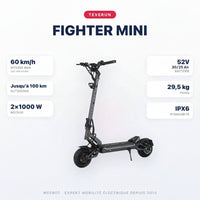 Trottinette Electrique Teverun Fighter Mini V5 — caractéristiques : 60 km/h sur voie privée, autonomie Jusqu'à 100 km, moteur 2×1000 W, batterie 52V 25 / 30 Ah, 29,5 kg. Trottinette électrique Teverun chez Weebot.