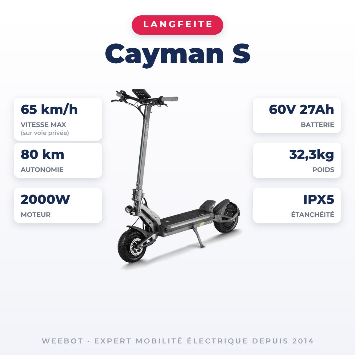 Trottinette Électrique Langfeite Cayman S — fiche technique : 65 km/h, autonomie 80 km, moteur 2000W