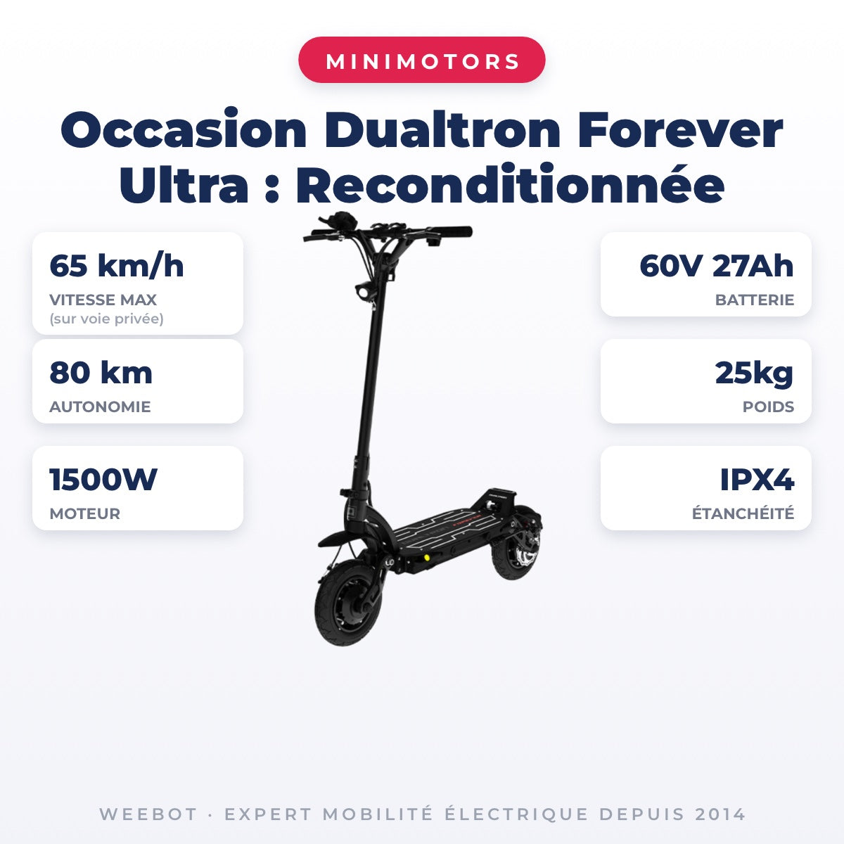 Trottinette Électrique Occasion Dualtron Forever Ultra : Reconditionnée — fiche technique : 65 km/h, autonomie 80 km