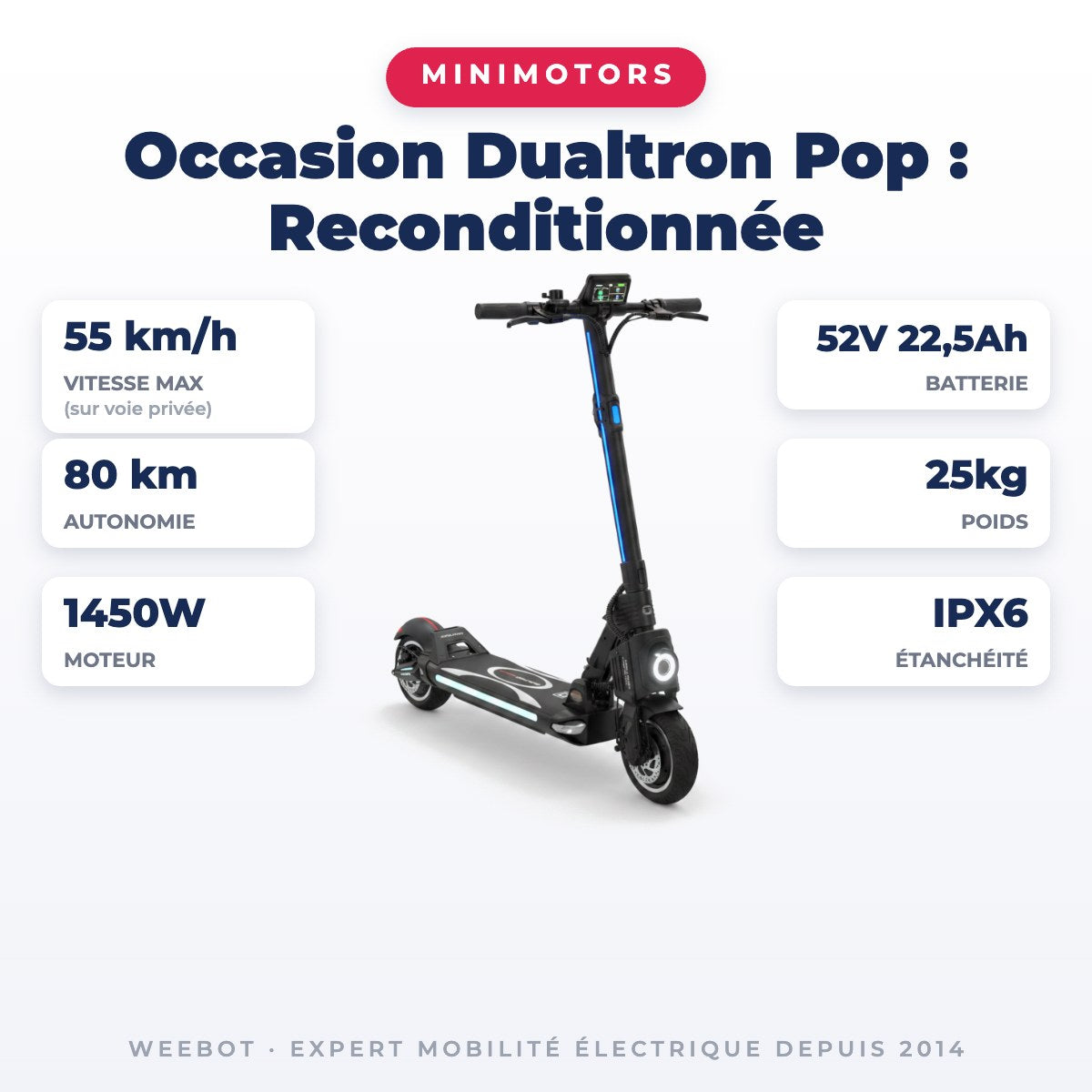 Trottinette Électrique Occasion Dualtron Pop (Popular) : Reconditionnée — fiche technique : 55 km/h, autonomie 80 km