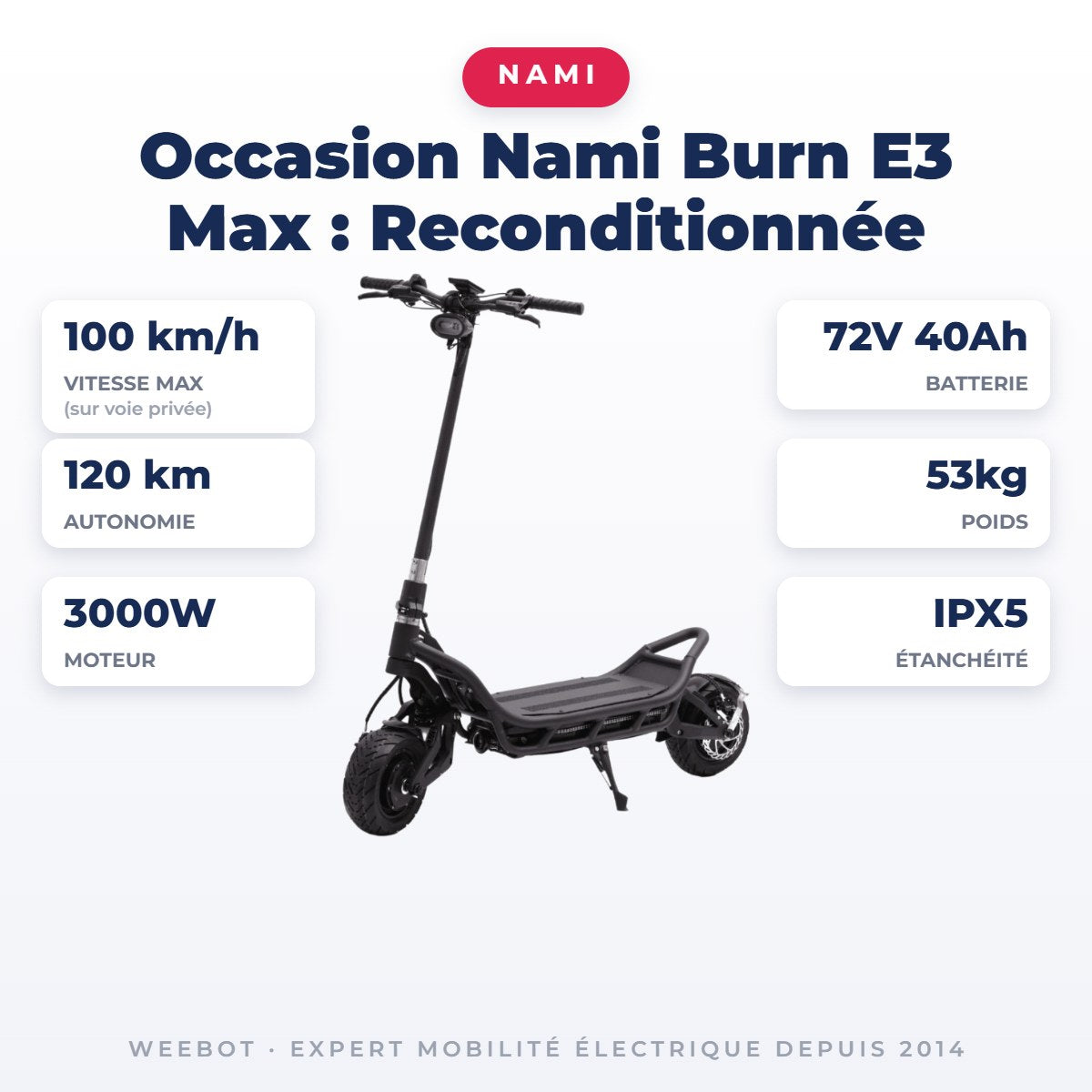 Trottinette Électrique Occasion Nami Burn E3 Max : Reconditionnée — fiche technique : 100 km/h, autonomie 120 km