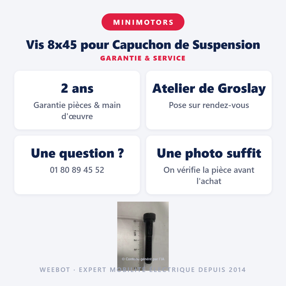 Vis 8x45 pour Capuchon de Suspension : garantie 2 ans et service après-vente
