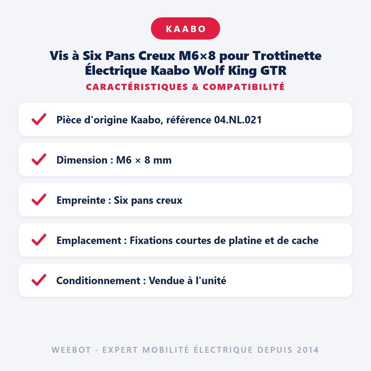 Vis à Six Pans Creux M6×8 pour Trottinette Électrique Kaabo Wolf King GTR - Weebot