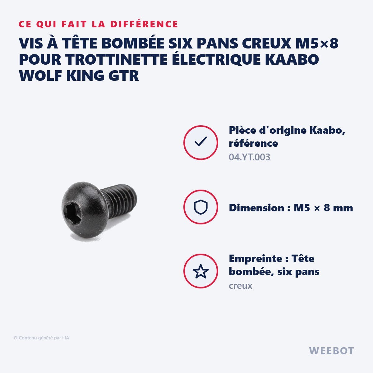 Vis à Tête Bombée Six Pans Creux M5×8 pour Trottinette Électrique Kaabo Wolf King GTR - Weebot