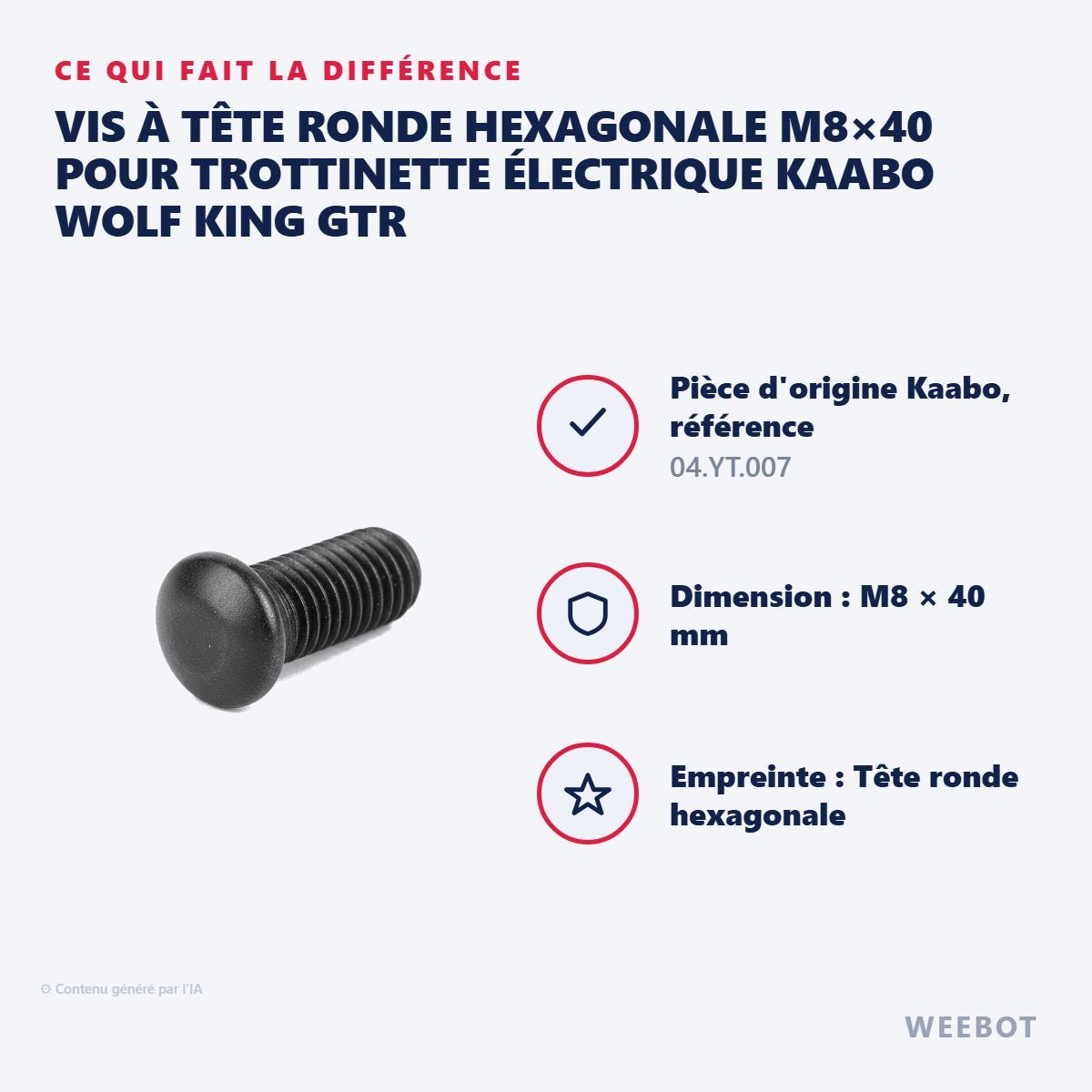 Vis à Tête Ronde Hexagonale M8×40 pour Trottinette Électrique Kaabo Wolf King GTR - Weebot