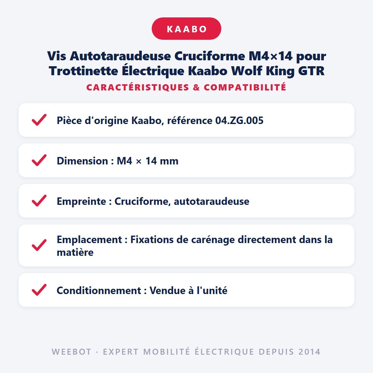 Vis Autotaraudeuse Cruciforme M4×14 pour Trottinette Électrique Kaabo Wolf King GTR - Weebot