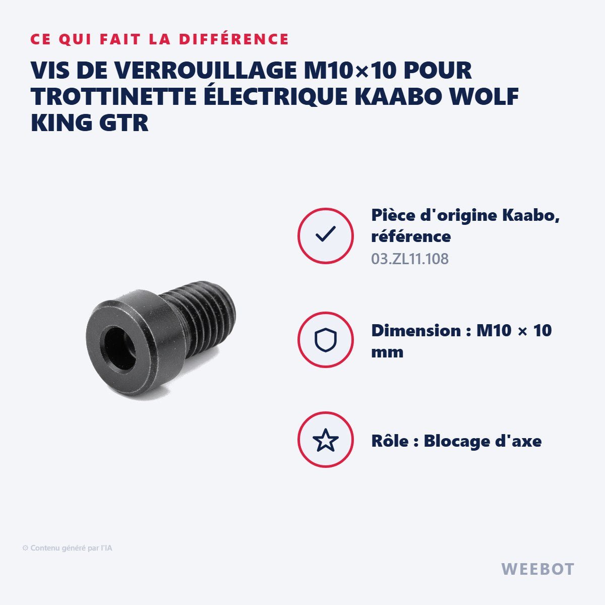 Vis de Verrouillage M10×10 pour Trottinette Électrique Kaabo Wolf King GTR - Weebot