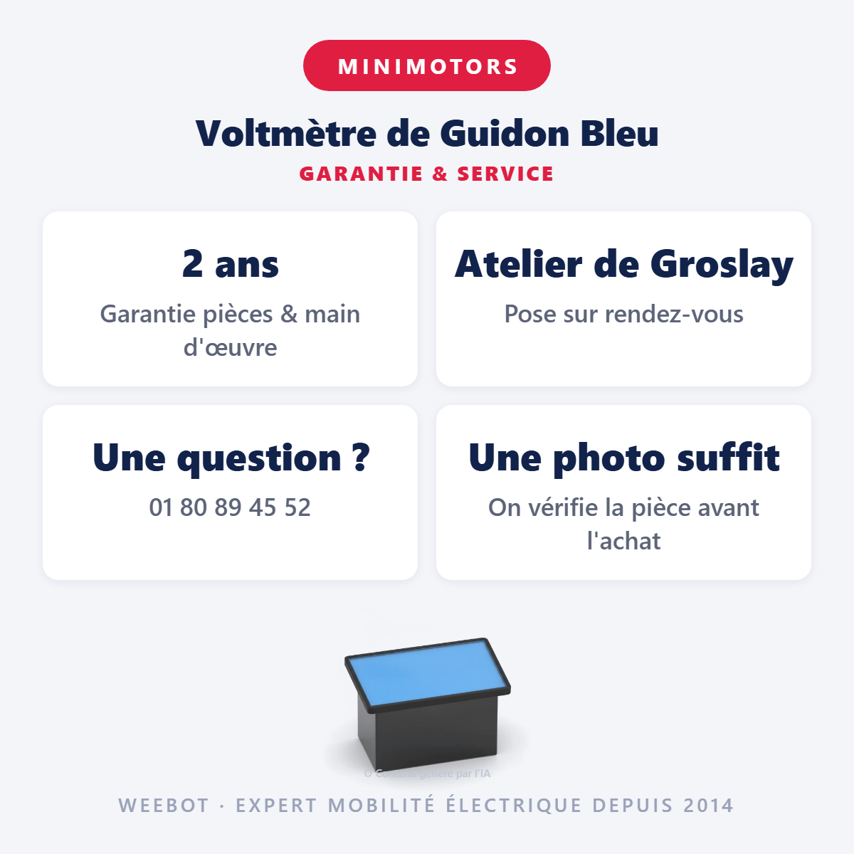 Voltmètre de Guidon Bleu : garantie 2 ans et service après-vente