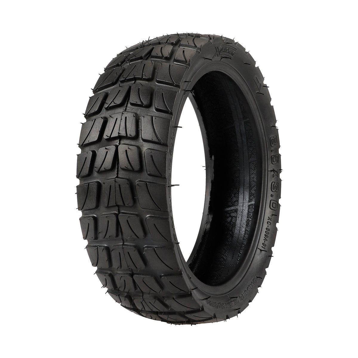 Pneu tout-terrain Xuancheng 8,5x3 pouces noir vu de trois-quarts