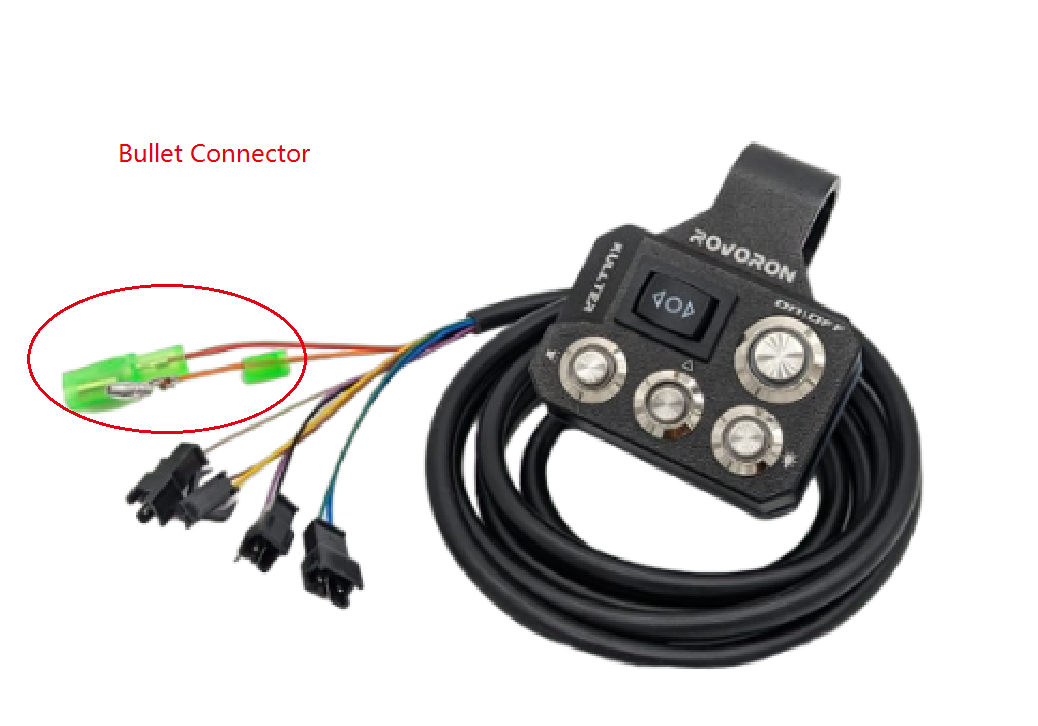 Commodo 5 fonctions noir Rovoron Kullter relié à son câble et ses connecteurs