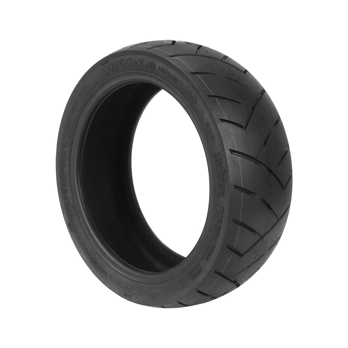 Pneu tubeless Cordial 10,5 pouces noir vu de trois-quarts