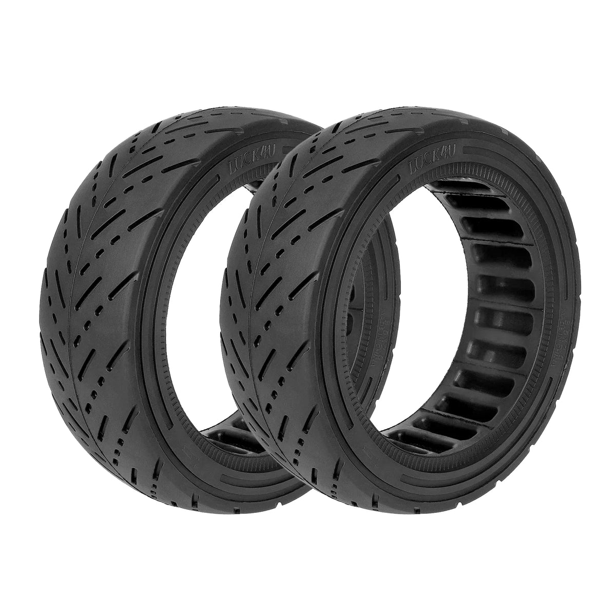 Deux pneus pleins noirs 8,5x2,5 pouces pour trottinette électrique vus de trois quarts