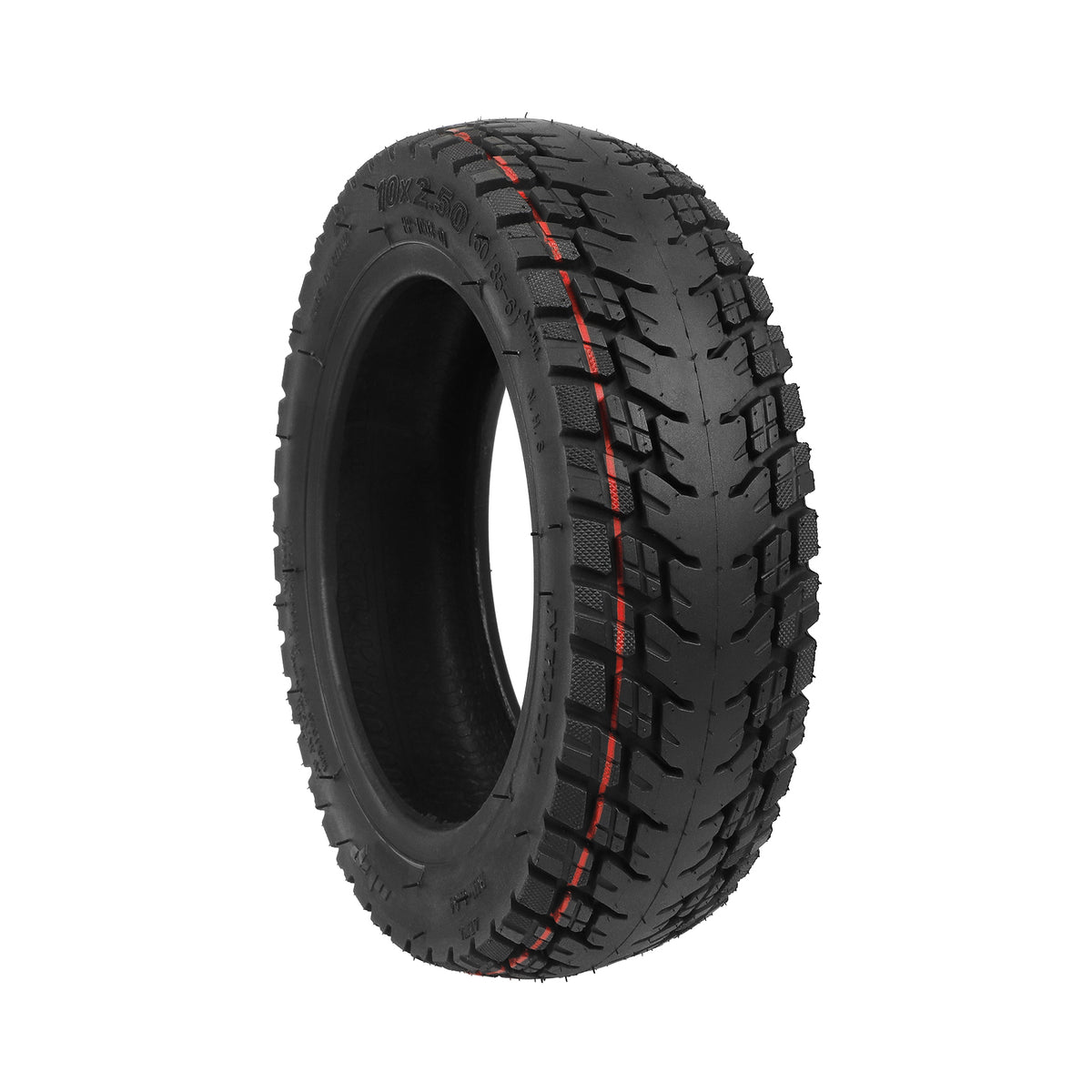 Pneu tubeless tout-terrain 10 pouces noir avec bande rouge vu de trois quarts