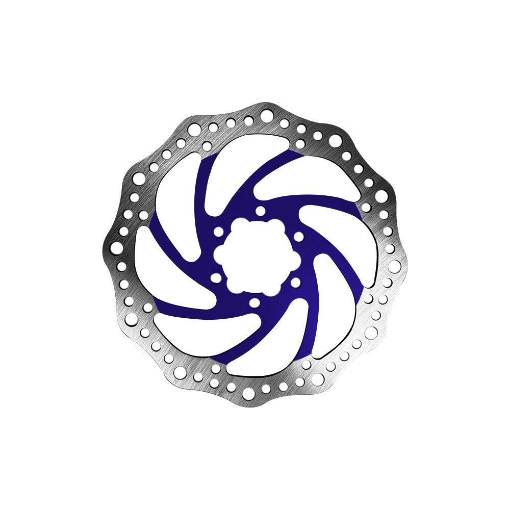 Disque de frein de 140 mm argenté et bleu à 6 trous vu de face