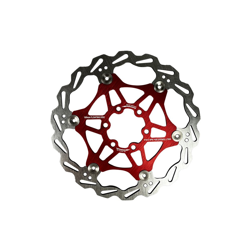 Disque de frein flottant de 160 mm avec spider central rouge à 6 trous vu de face