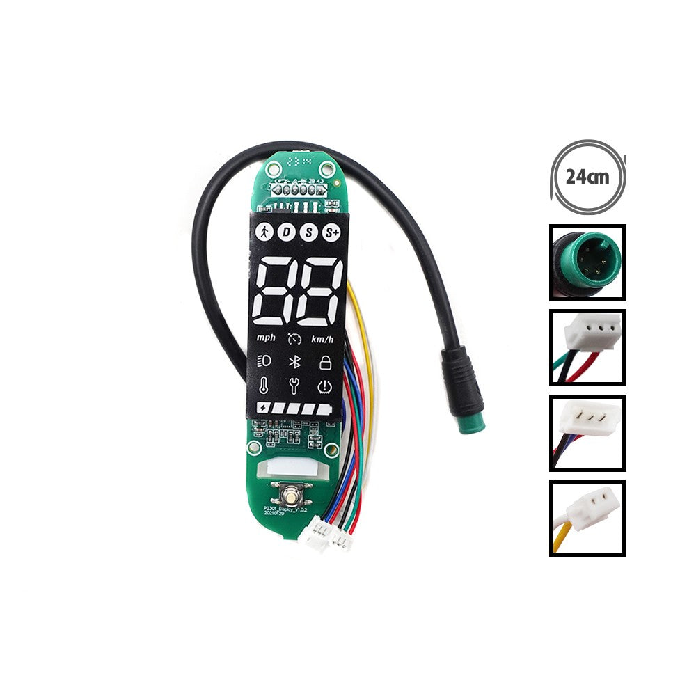 Afficheur électronique pour trottinette électrique avec écran LED et câbles de connexion vu de face