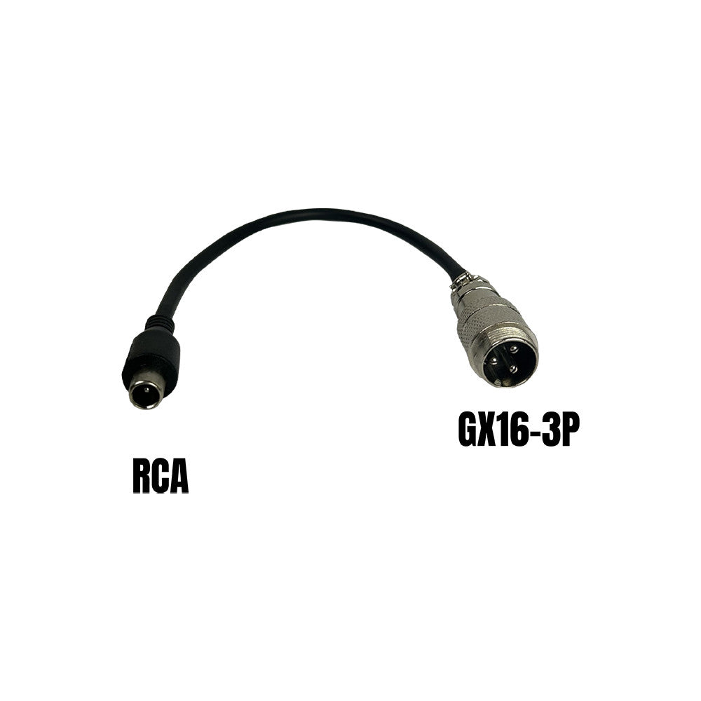 Câble adaptateur GX16-3P mâle vers connecteur RCA sur fond blanc