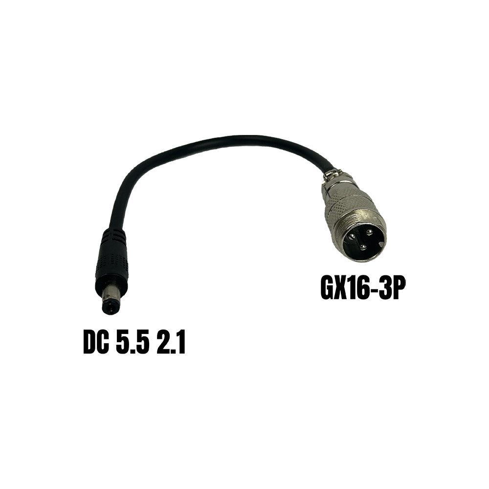 Câble adaptateur GX16-3P mâle vers DC 5,5 2,1 mm femelle sur fond blanc