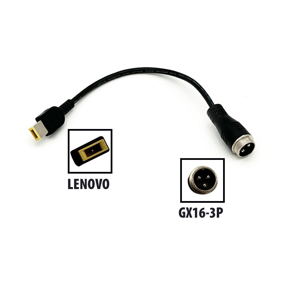 Câble adaptateur noir avec un connecteur rond GX16-3P et un embout rectangulaire Lenovo
