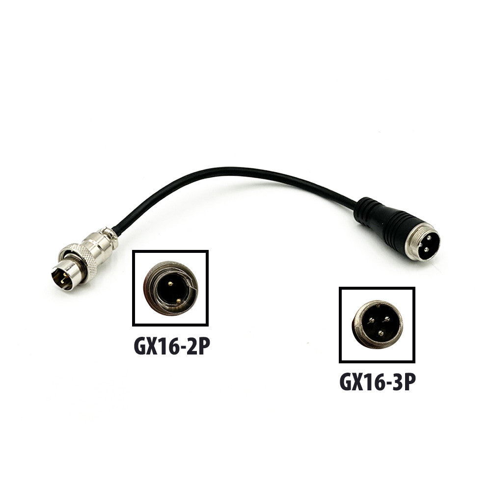 Câble adaptateur noir équipé d'un connecteur GX16-2P et d'un connecteur GX16-3P