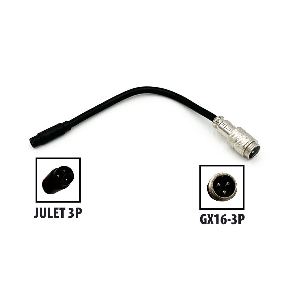 Câble adaptateur noir GX16-3P vers Julet 3P avec détails des connecteurs