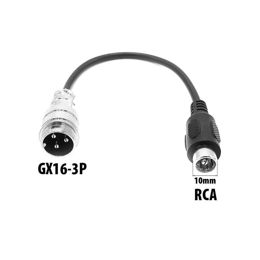 Câble adaptateur noir doté d'un connecteur GX16-3P et d'un connecteur RCA 10mm sur fond blanc