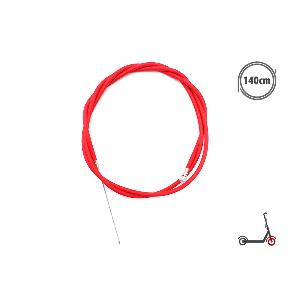 Câble et gaine de frein avant rouge enroulé de 140 cm sur fond blanc