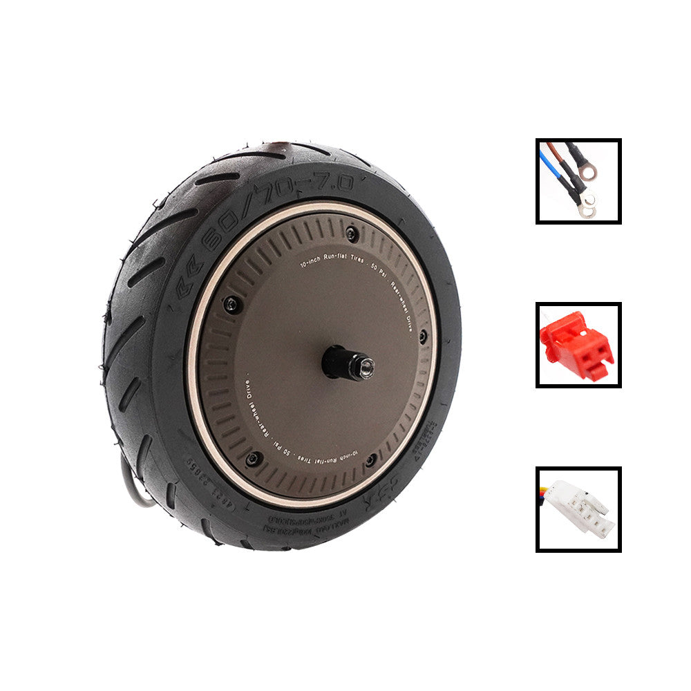 Moteur arrière complet avec pneu monté et détails des connecteurs pour trottinette électrique Xiaomi