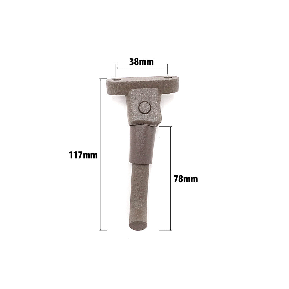 Béquille métallique pour trottinette électrique Xiaomi avec indication de ses dimensions sur fond blanc