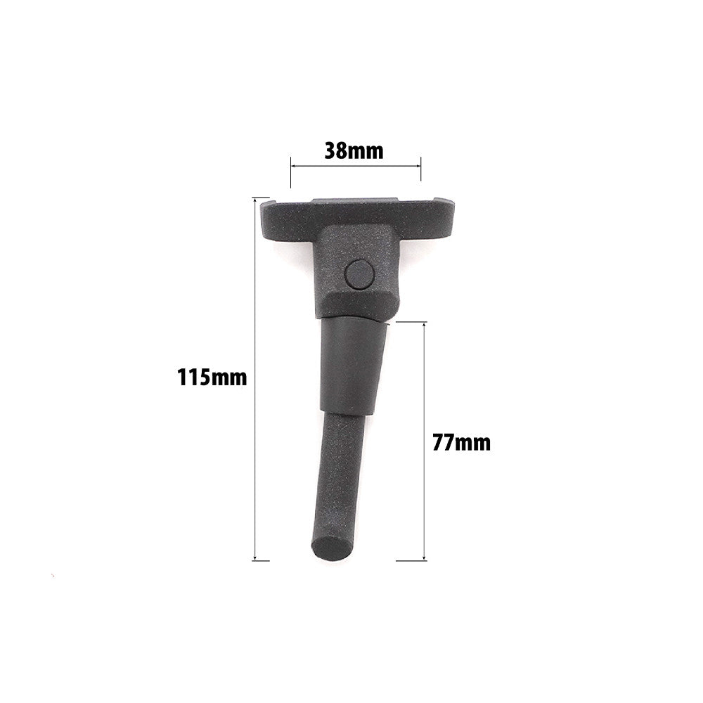 Béquille noire pour trottinette électrique avec ses dimensions sur fond blanc