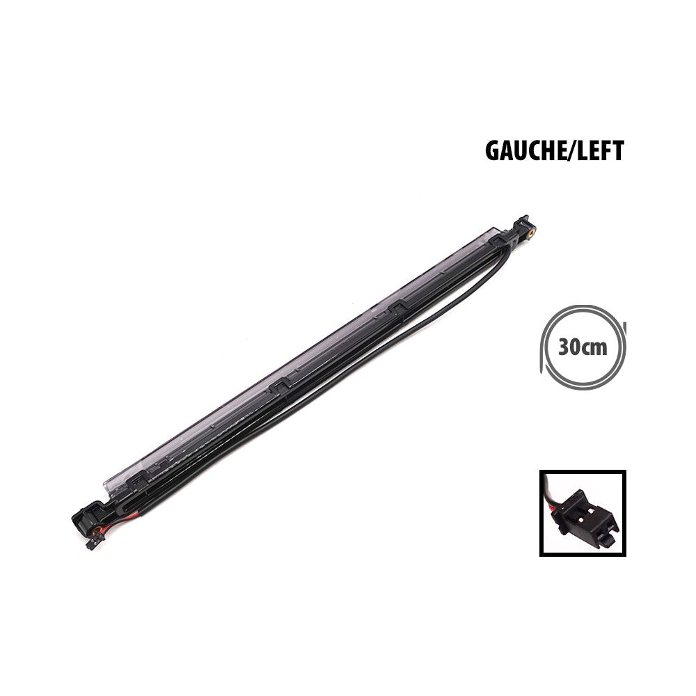 Barre LED gauche avec son câble et gros plan sur le connecteur pour trottinette électrique Xiaomi 5 Max.