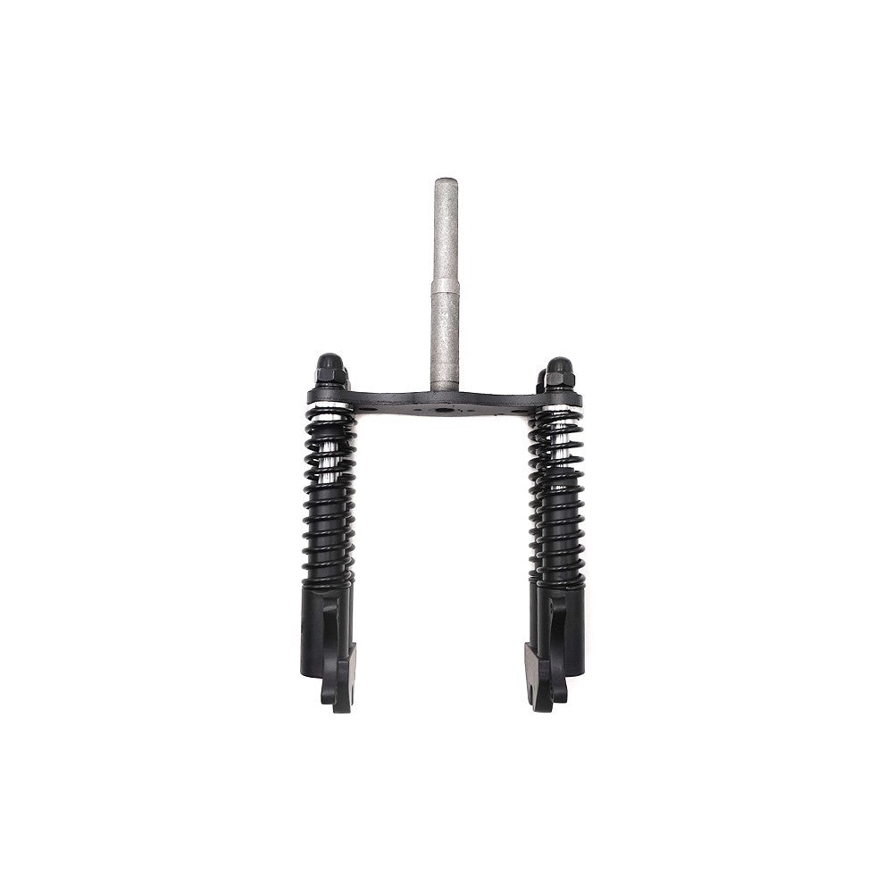 Suspension avant noire à double ressort pour trottinette électrique vue de face sur fond blanc
