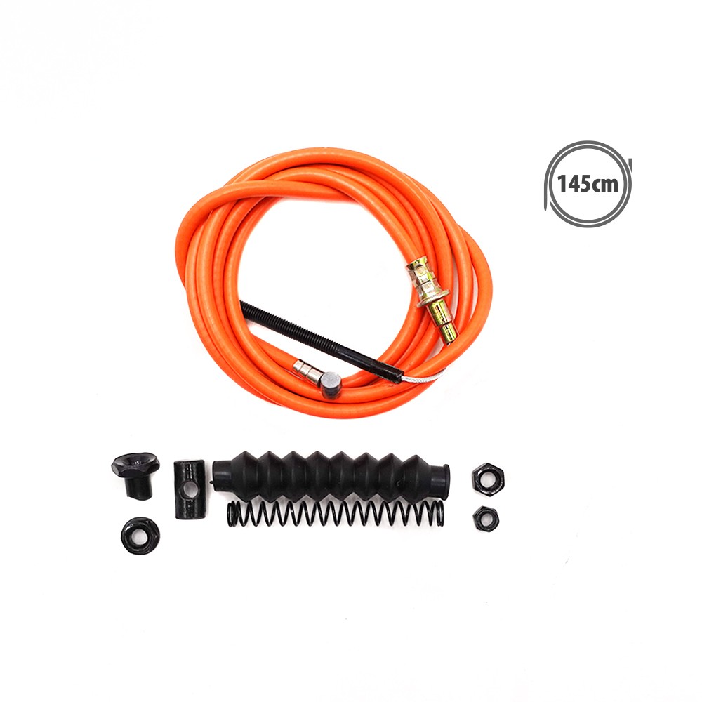 Câble et gaine de frein orange de 145 cm avec ressort et accessoires de fixation sur fond blanc