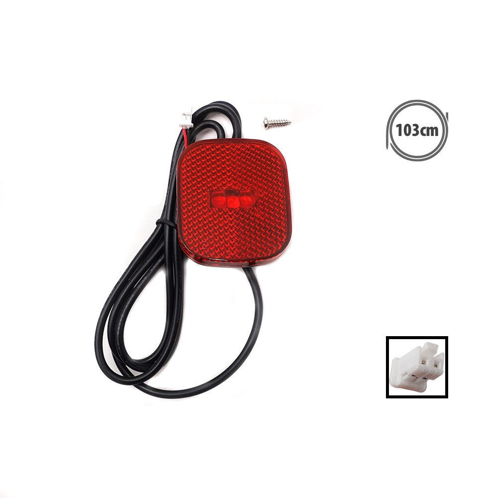 Feu LED arrière rouge avec son câble de 103 cm, sa vis de fixation et un zoom sur son connecteur blanc