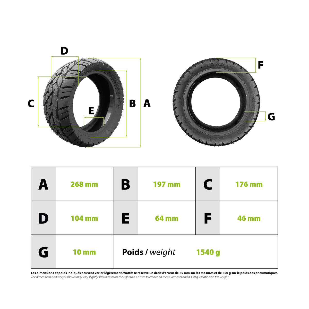 Pneu 100/55-7 Tubeless Semi Off-Road Gel Anti-Crevaison pour Trottinette Électrique