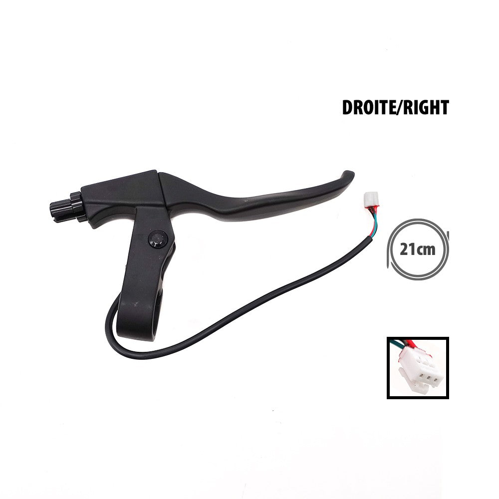 Poignée de frein droite noire avec câble électrique de 21 cm et connecteur blanc sur fond blanc