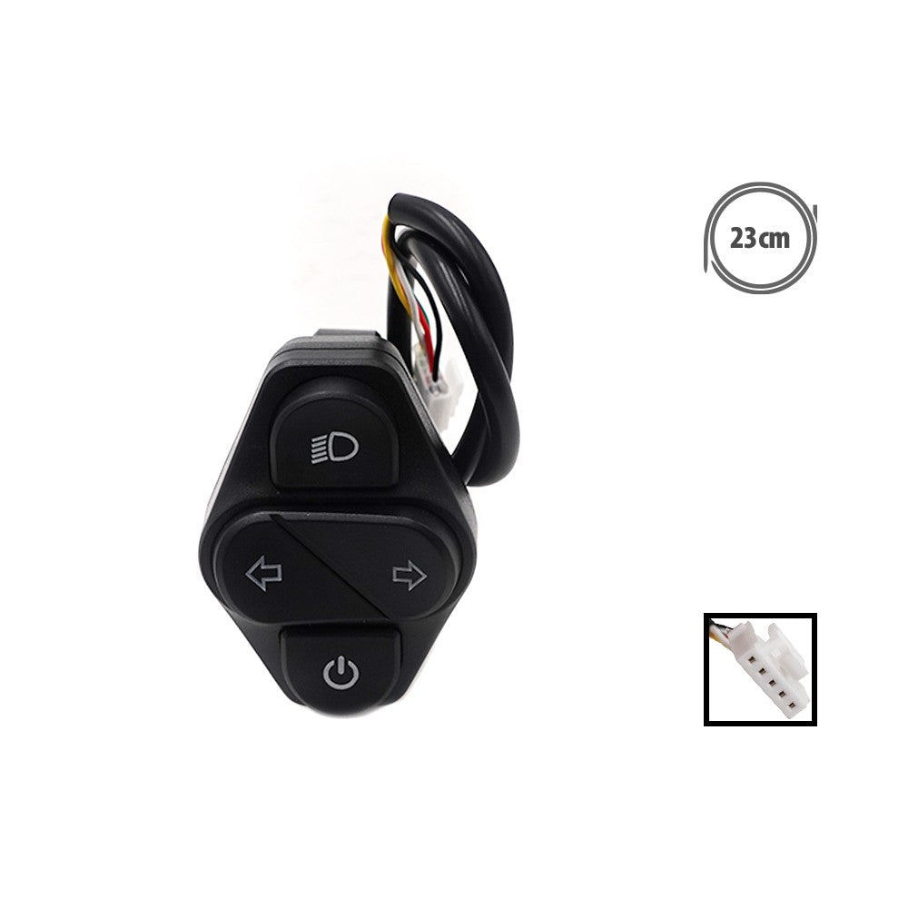 Commodo d'éclairage et de clignotants noir pour trottinette électrique avec son câble.