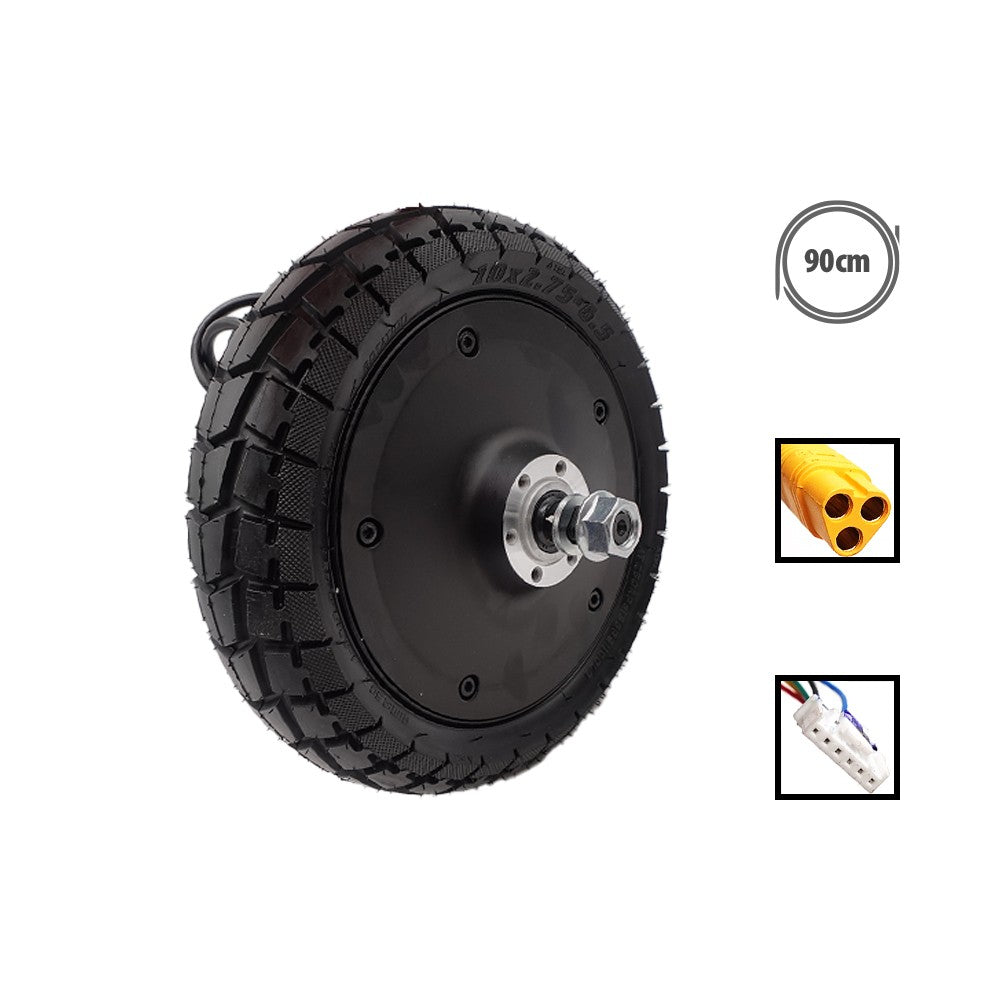 Moteur roue noir pour trottinette électrique équipé d'un pneu 10x2.75-6.5 avec vue sur ses connecteurs