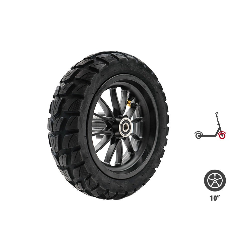 Roue avant complète 10x2.75-6.5 avec pneu tout-terrain et jante noire vue de trois quarts