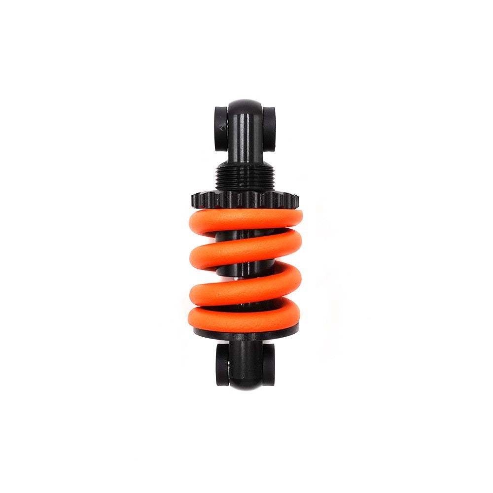 Amortisseur noir à ressort orange pour trottinette électrique sur fond blanc