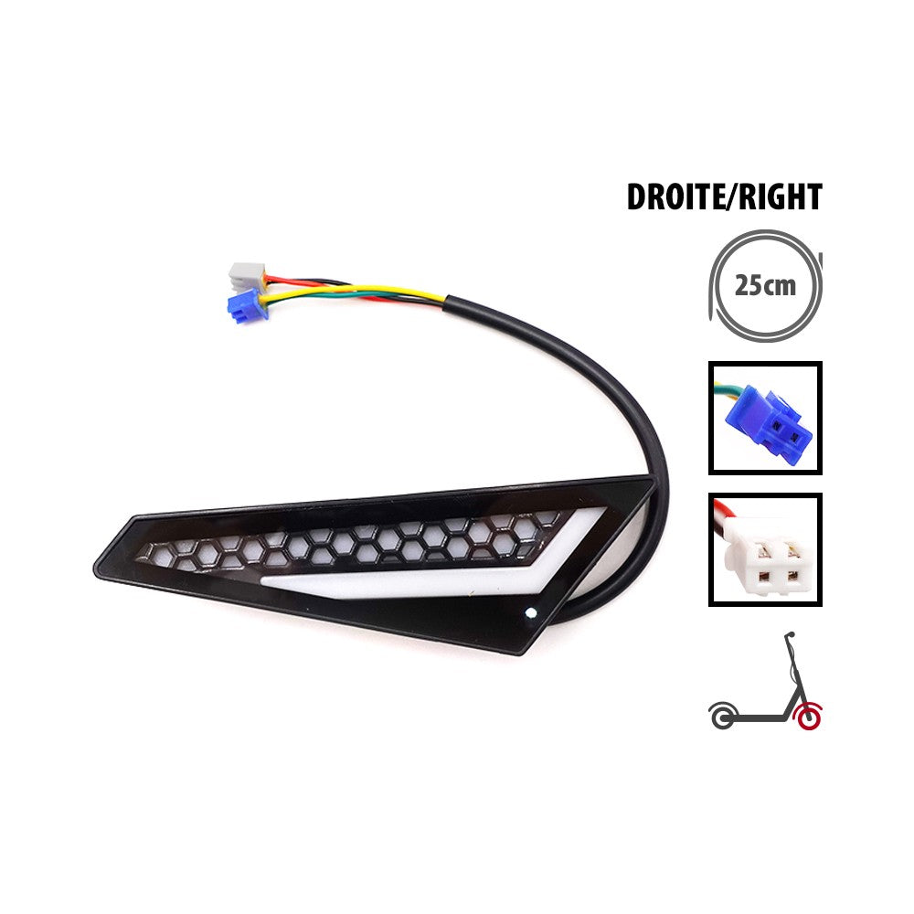 Feu avant droit pour trottinette électrique avec motif en nid d'abeille et son câble de connexion